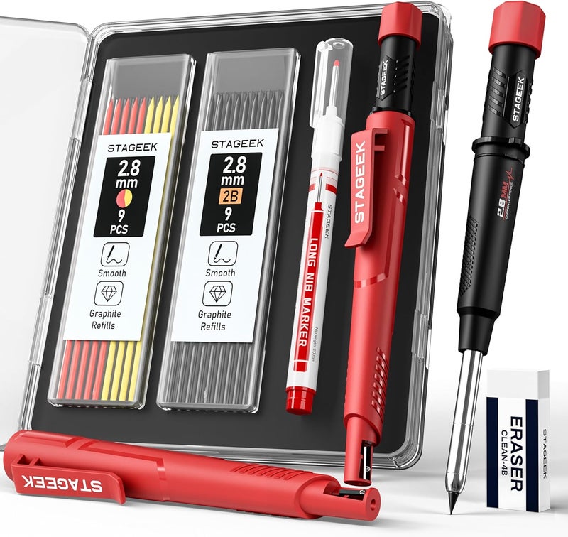STAGEEK Carpenter Pencil with Sharpener, Mechanical Carpenter Pencils with 19 Refills, construction pencil heavy duty Woodworking Tools, Deep Hole Long Nib Marker Pens for Architect Marking - Image 1